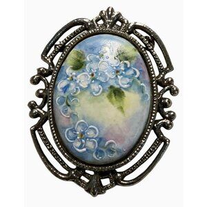 Hand-Painted Floral Porcelain Brooch With SilverTone Filigree Frame